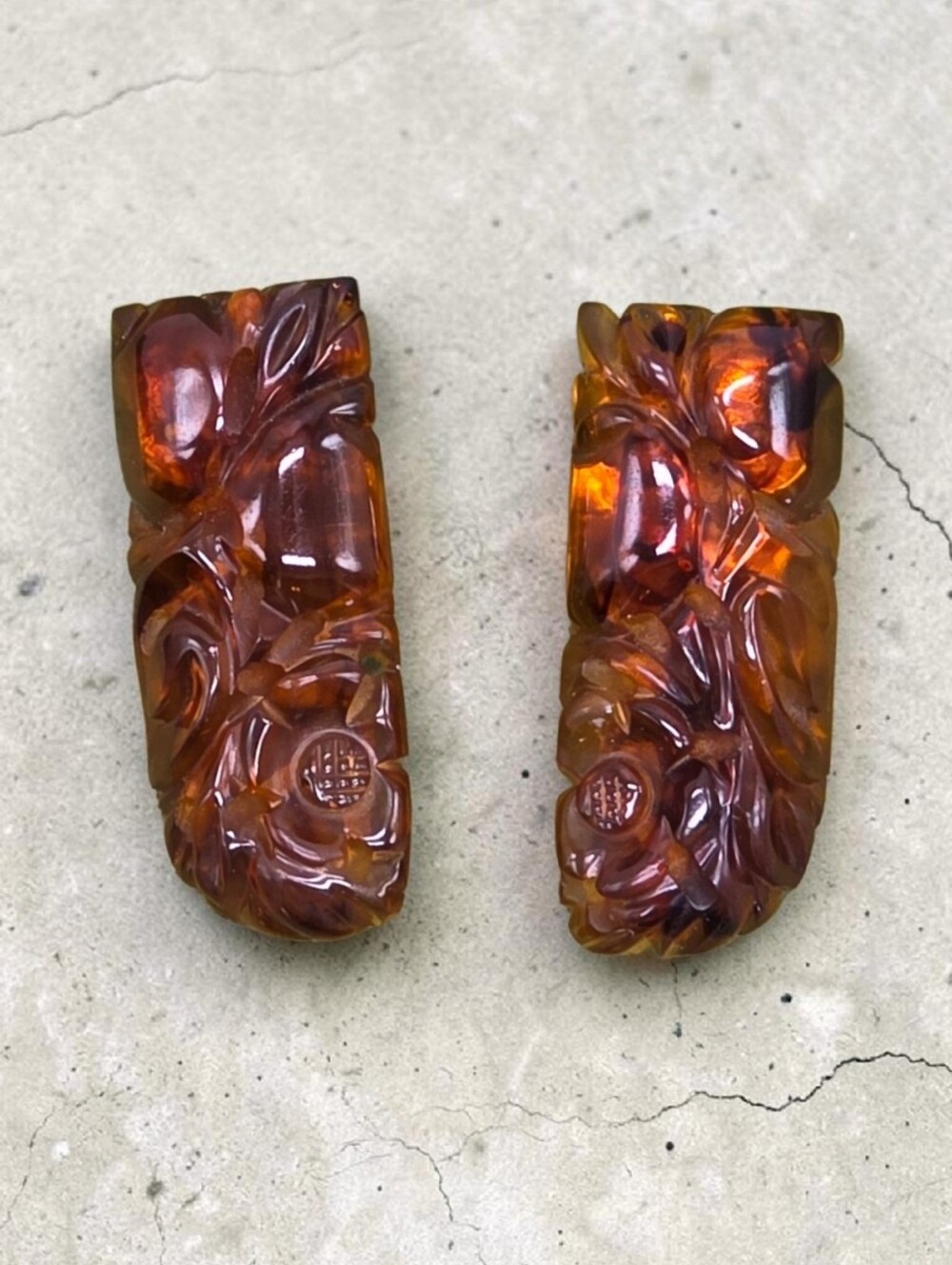 Vintage Carved Applesauce Bakelite Dress Clips Pair Art Deco Floral